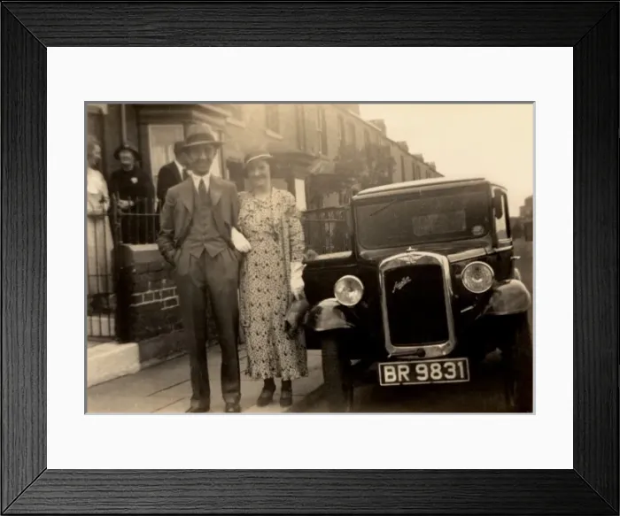 Framed Print : Couple and their Austin 7 Saloon Framed Print : Couple and their Austin 7 Saloon