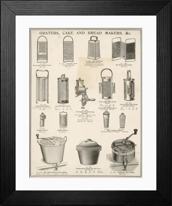 Framed Print : An assortment of graters, cake and breadmakers Framed Print : An assortment of graters, cake and breadmakers