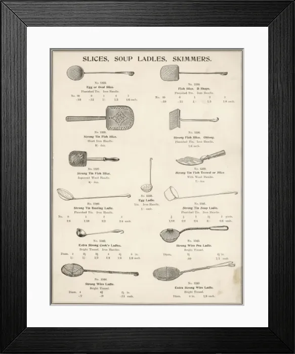 Framed Print : An assortment of slices, soup ladles and skimmers Framed Print : An assortment of slices, soup ladles and skimmers