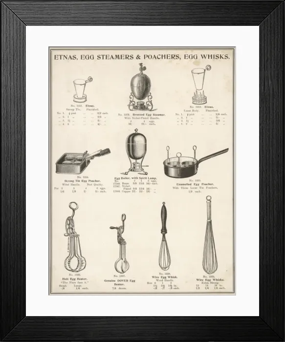 Framed Print : A selection of etnas, egg steamers, poachers and whisks Framed Print : A selection of etnas, egg steamers, poachers and whisks