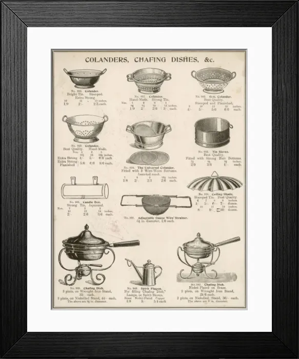 Framed Print : A selection of colanders, chafing dishes, etc Framed Print : A selection of colanders, chafing dishes, etc