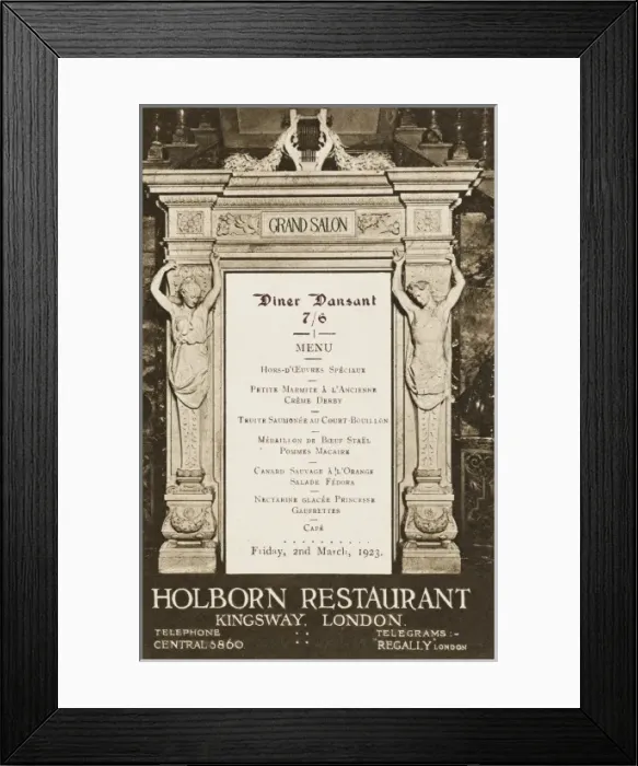 Framed Print : Menu for The Holborn Restaurant, Kingsway, London Framed Print : Menu for The Holborn Restaurant, Kingsway, London
