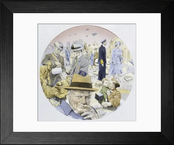 Framed Print : The Blitz on London with Churchill and Royal Family Framed Print : The Blitz on London with Churchill and Royal Family