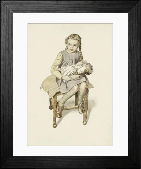 Framed Print : Young girl sits on a stool with a doll Framed Print : Young girl sits on a stool with a doll
