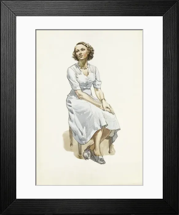 Framed Print : Lady sitting on a wooden stool Framed Print : Lady sitting on a wooden stool