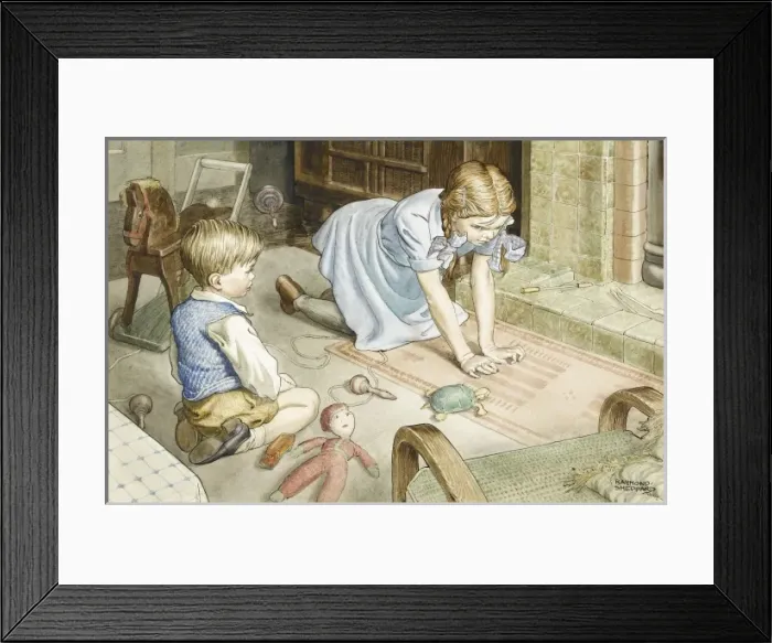 Framed Print : Siblings playing with toys near the fire Framed Print : Siblings playing with toys near the fire