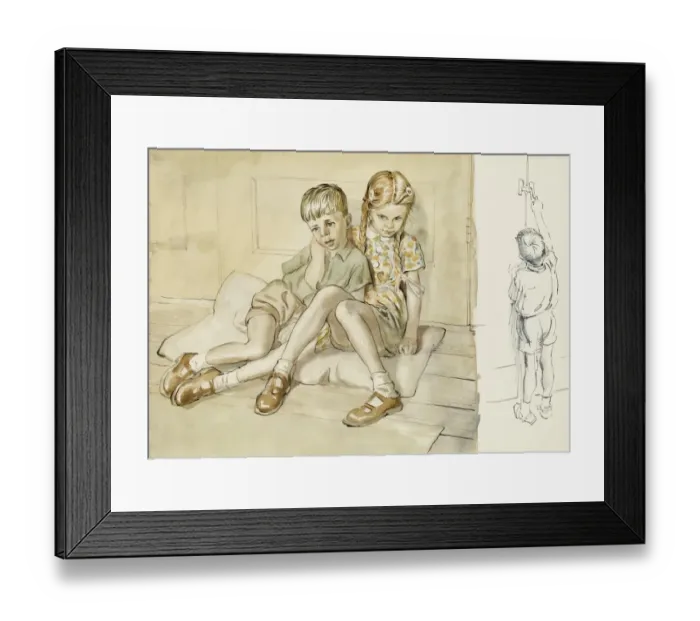 Framed Print : Girl and Boy sitting on cushions Framed Print : Girl and Boy sitting on cushions