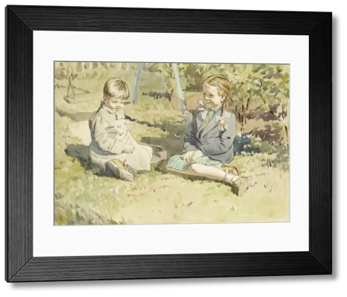 Framed Print : Brother and sister sitting in their garden Framed Print : Brother and sister sitting in their garden