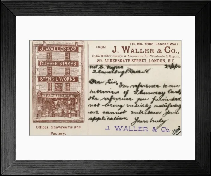 Framed Print : Card from J Waller & Co to an unsuccessful job applicant Framed Print : Card from J Waller & Co to an unsuccessful job applicant