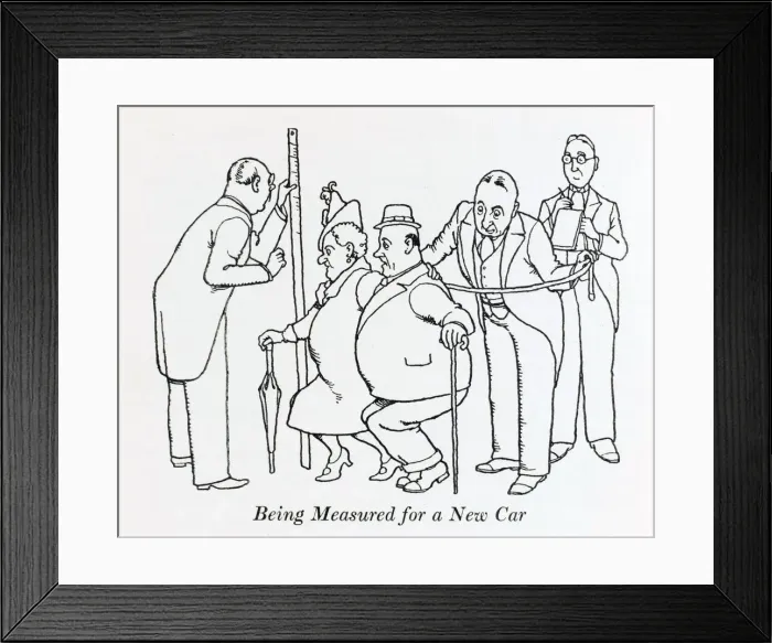Framed Print : Being measured for a new car / W Heath Robinson Framed Print : Being measured for a new car / W Heath Robinson
