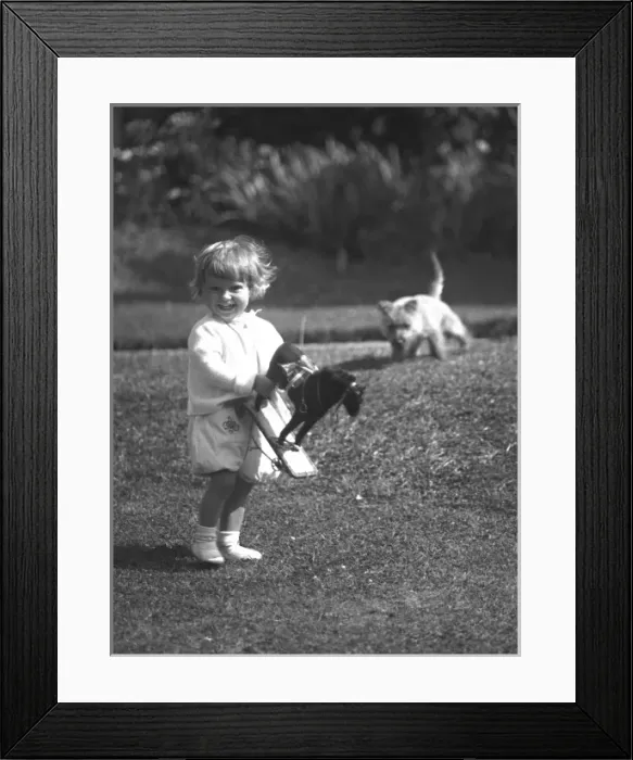Framed Print : Boy with a toy horse in a Devon garden Framed Print : Boy with a toy horse in a Devon garden