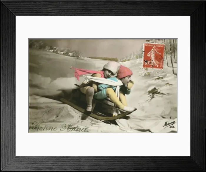 Framed Print : New Year card - two children on a sled Framed Print : New Year card - two children on a sled