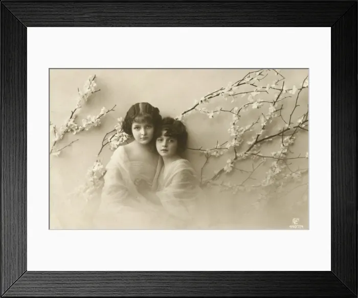 Framed Print : Sentimental Postcard - Two young girls amid blossoms Framed Print : Sentimental Postcard - Two young girls amid blossoms