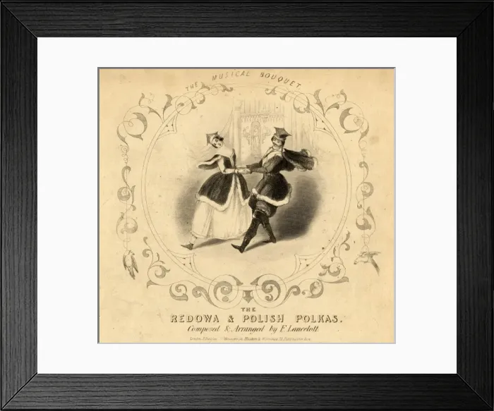 Framed Print : Couple dancing the polka on a music sheet Framed Print : Couple dancing the polka on a music sheet