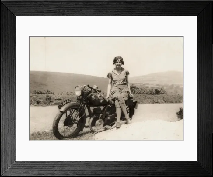 Framed Print : Woman sat on 1931 / 2 Panther motorcycle Framed Print : Woman sat on 1931 / 2 Panther motorcycle