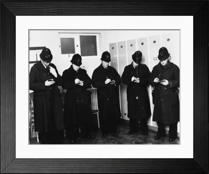 Framed Print : Policemen in station parade room, London Framed Print : Policemen in station parade room, London