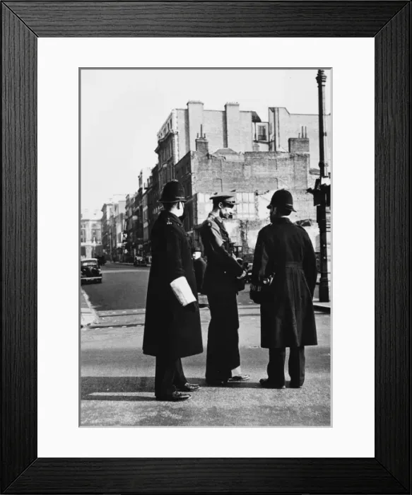 Framed Print : Two policemen on a war damaged street Framed Print : Two policemen on a war damaged street