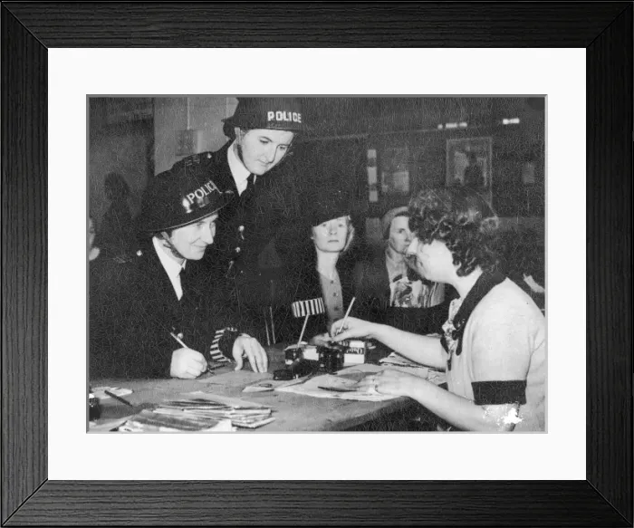 Framed Print : Two policewomen registering for war work Framed Print : Two policewomen registering for war work