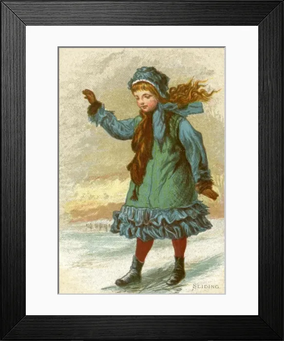 Framed Print : Sliding. A Victorian little girl, dressed in a fancy coordinating frilled coat Framed Print : Sliding. A Victorian little girl, dressed in a fancy coordinating frilled coat