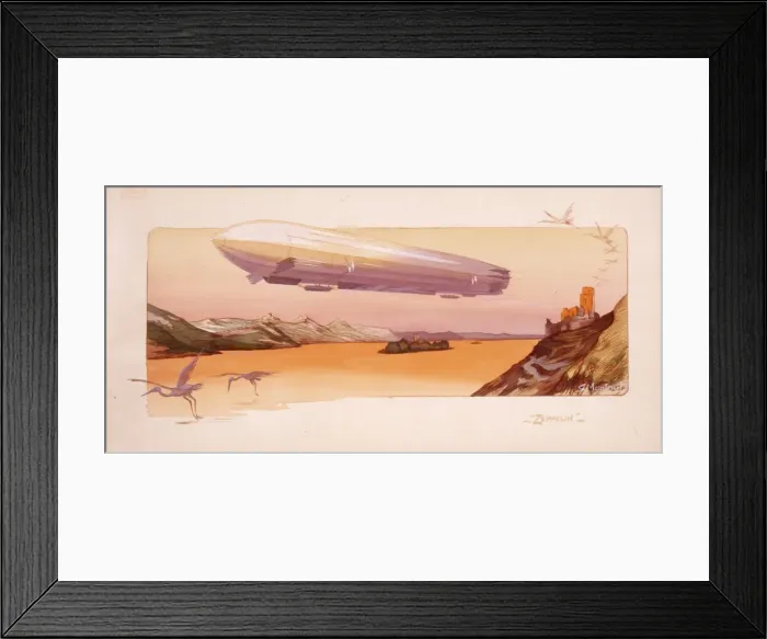 Framed Print : Zeppelin hovering over a river Framed Print : Zeppelin hovering over a river