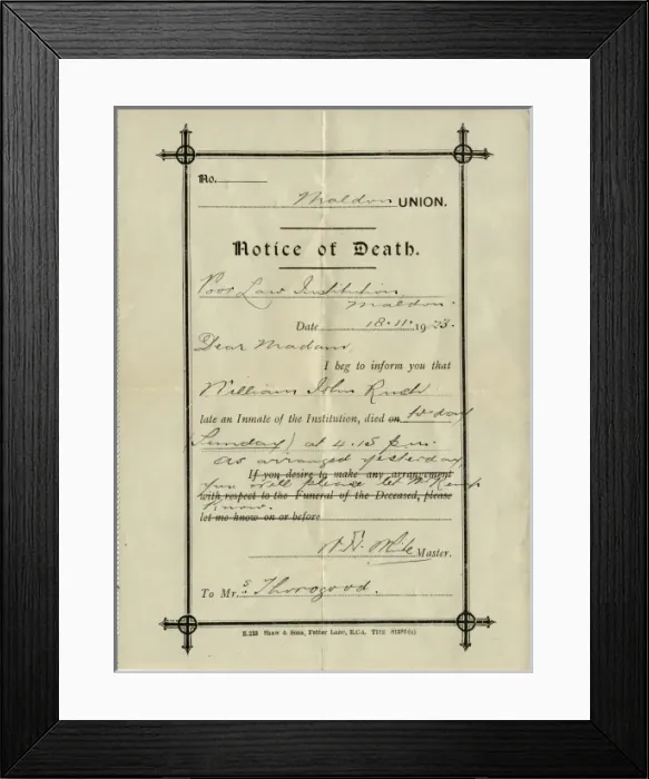 Framed Print : Notice of Death from Union Workhouse, Maldon, Essex Framed Print : Notice of Death from Union Workhouse, Maldon, Essex
