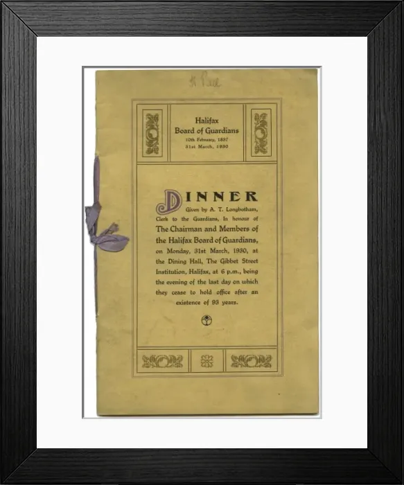 Framed Print : Menu from Halifax Union Board of Guardians dinner Framed Print : Menu from Halifax Union Board of Guardians dinner