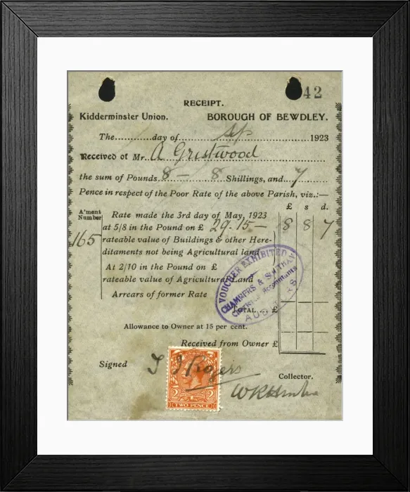 Framed Print : Poor Rate Receipt, Kidderminster Union Framed Print : Poor Rate Receipt, Kidderminster Union