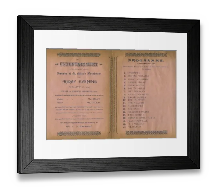 Framed Print : St Giles Workhouse Concert Programme Framed Print : St Giles Workhouse Concert Programme