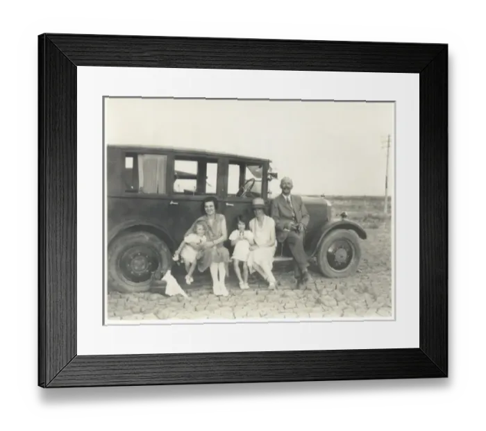 Framed Print : Family and car in the desert, Middle East Framed Print : Family and car in the desert, Middle East