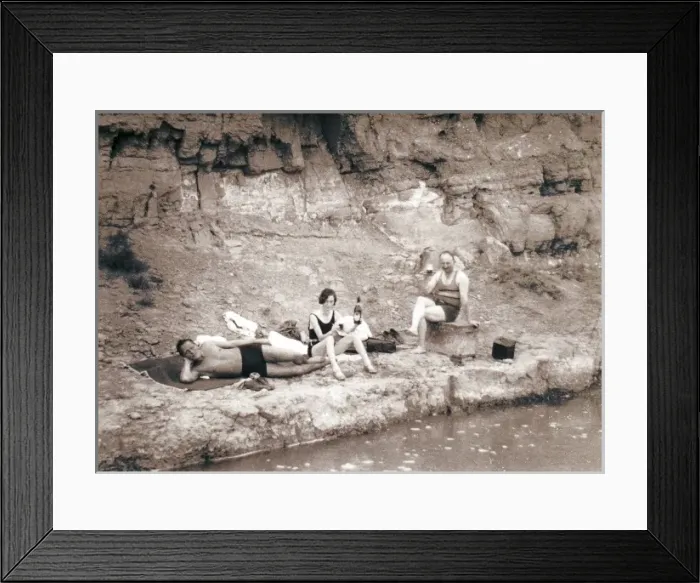 Framed Print : Two men and a woman picnicking in bathing suits Framed Print : Two men and a woman picnicking in bathing suits