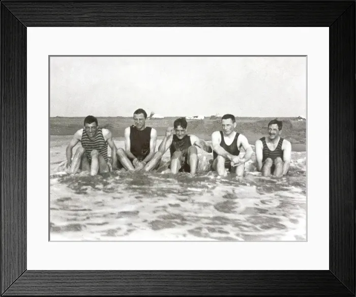 Framed Print : Five men sitting in the sea in bathing suits Framed Print : Five men sitting in the sea in bathing suits
