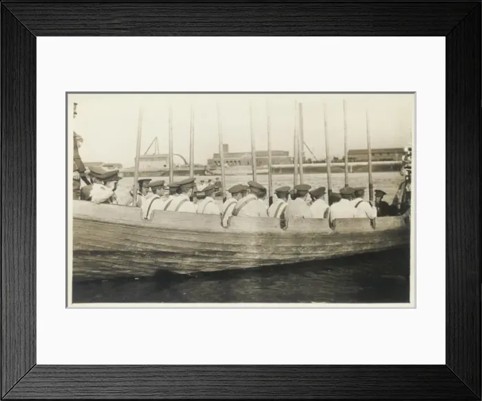 Framed Print : Ships crew in rowing boat with oars held vertically Framed Print : Ships crew in rowing boat with oars held vertically