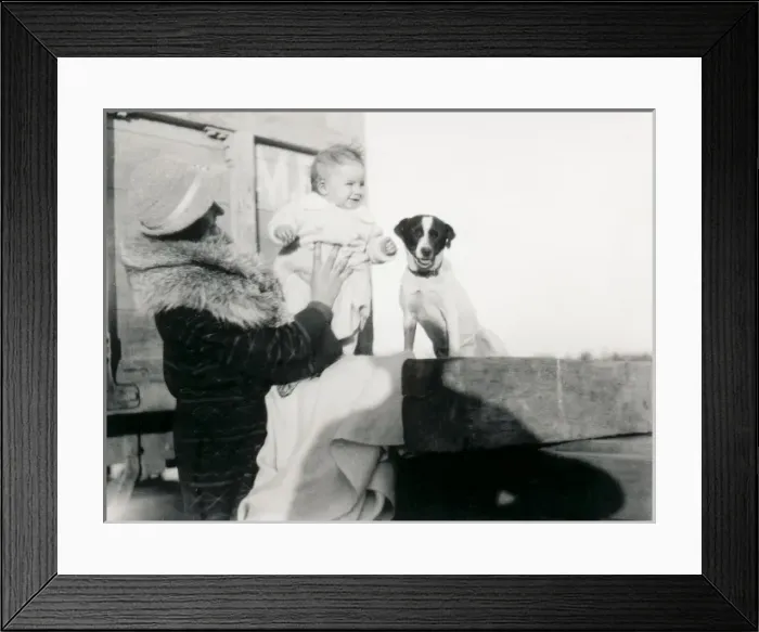 Framed Print : Fashionable mother with baby and pet dog Framed Print : Fashionable mother with baby and pet dog