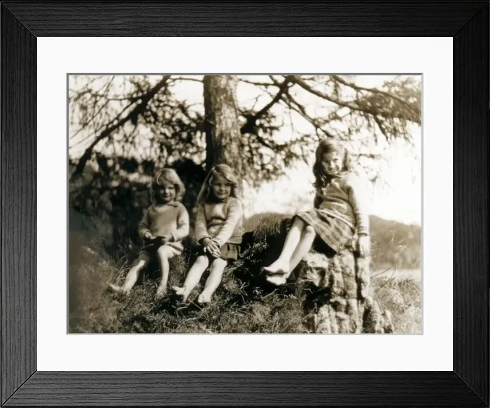 Framed Print : Three little girls sitting on a wooded outcrop, Scotland Framed Print : Three little girls sitting on a wooded outcrop, Scotland