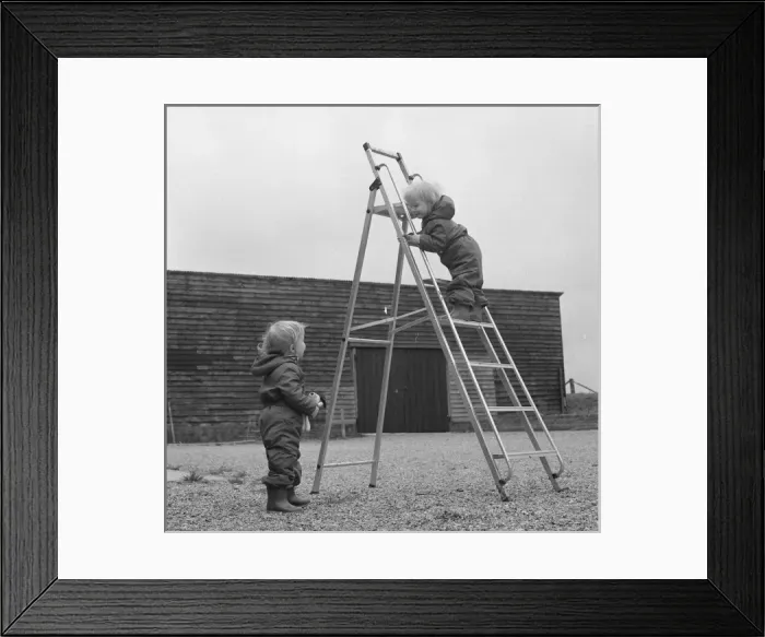 Framed Print : Two toddlers playing with a step ladder Framed Print : Two toddlers playing with a step ladder