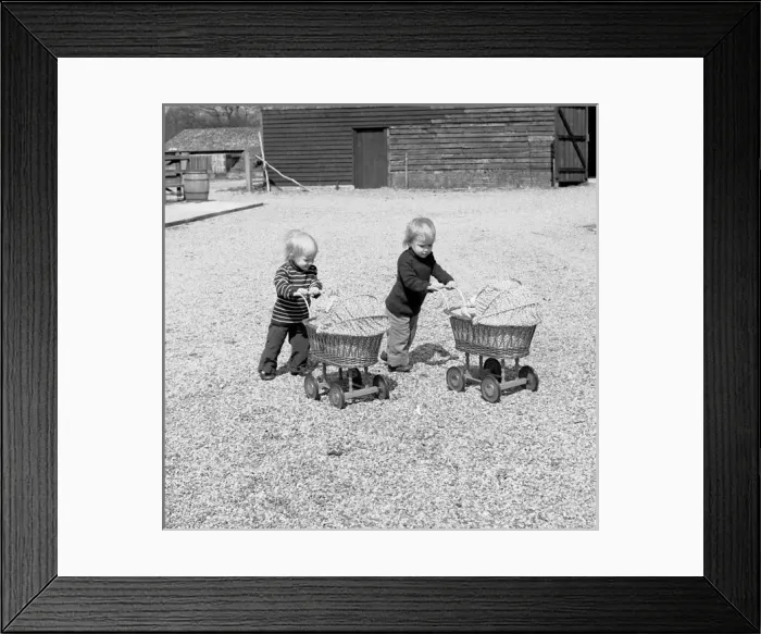 Framed Print : Two toddlers wheeling carry cots Framed Print : Two toddlers wheeling carry cots