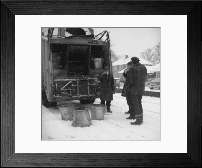 Framed Print : Three workmen stop for a cup of tea on a snowy day Framed Print : Three workmen stop for a cup of tea on a snowy day