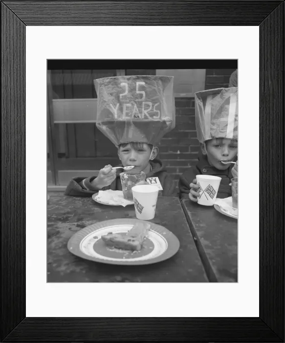 Framed Print : Little boy enjoying a Silver Jubilee tea in the street Framed Print : Little boy enjoying a Silver Jubilee tea in the street