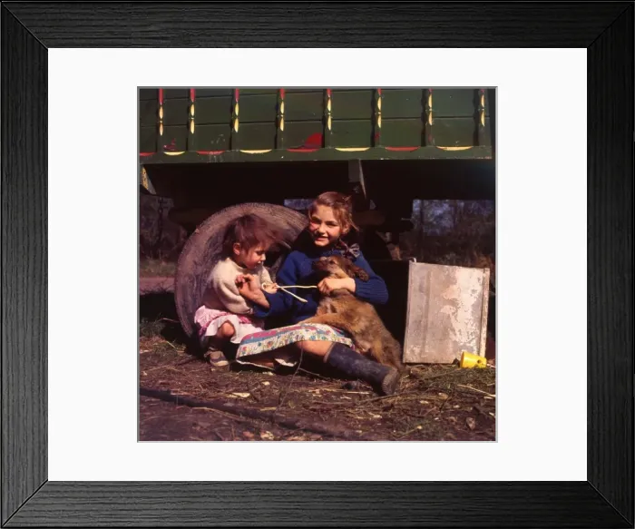 Framed Print : Two young gipsy girls with a dog, Charlwood, Surrey Framed Print : Two young gipsy girls with a dog, Charlwood, Surrey