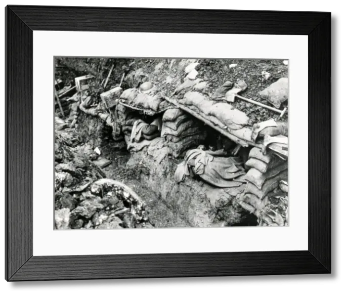 Framed Print : Trench scene with soldiers asleep in dugouts Framed Print : Trench scene with soldiers asleep in dugouts