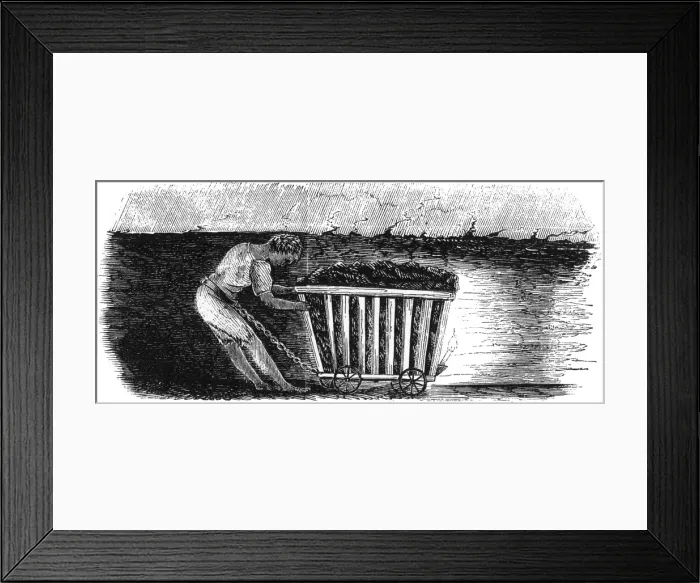 Framed Print : Boy dragging coal wagon with belt and chain in mine Framed Print : Boy dragging coal wagon with belt and chain in mine