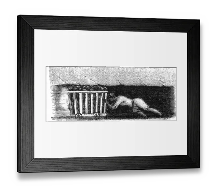 Framed Print : Boy pushing coal wagon in mine at Halifax, Yorkshire Framed Print : Boy pushing coal wagon in mine at Halifax, Yorkshire