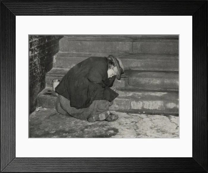 Framed Print : Female tramp asleep on steps, London Framed Print : Female tramp asleep on steps, London