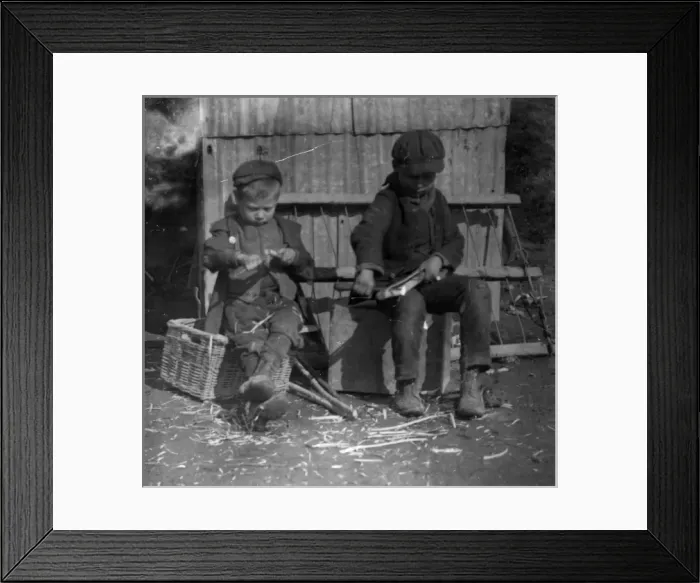 Framed Print : Gypsy boys making pegs, near Pontypool, South Wales Framed Print : Gypsy boys making pegs, near Pontypool, South Wales