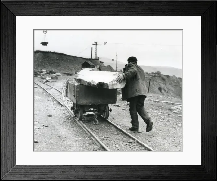 Framed Print : Workman pushing slate quarry tram, North Wales Framed Print : Workman pushing slate quarry tram, North Wales