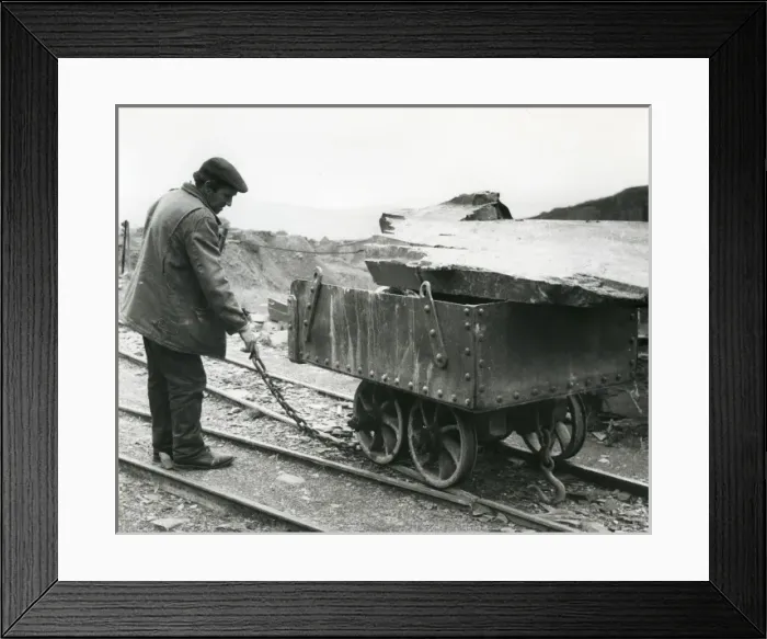 Framed Print : Workman with slate quarry tram, North Wales Framed Print : Workman with slate quarry tram, North Wales