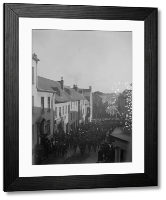 Framed Print : Soldiers march up High Street, Haverfordwest, South Wales Framed Print : Soldiers march up High Street, Haverfordwest, South Wales