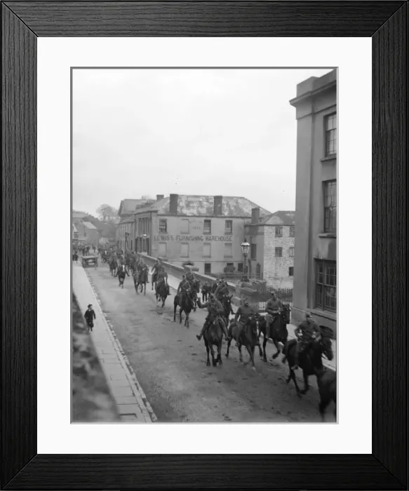 Framed Print : Cavalry parade over New Bridge, Haverfordwest, South Wales Framed Print : Cavalry parade over New Bridge, Haverfordwest, South Wales