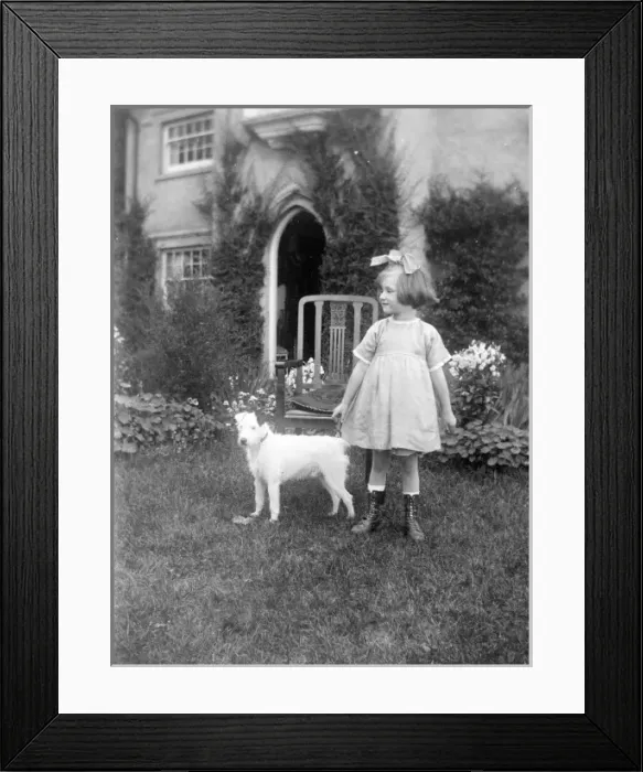 Framed Print : Little girl in a garden with a small dog Framed Print : Little girl in a garden with a small dog