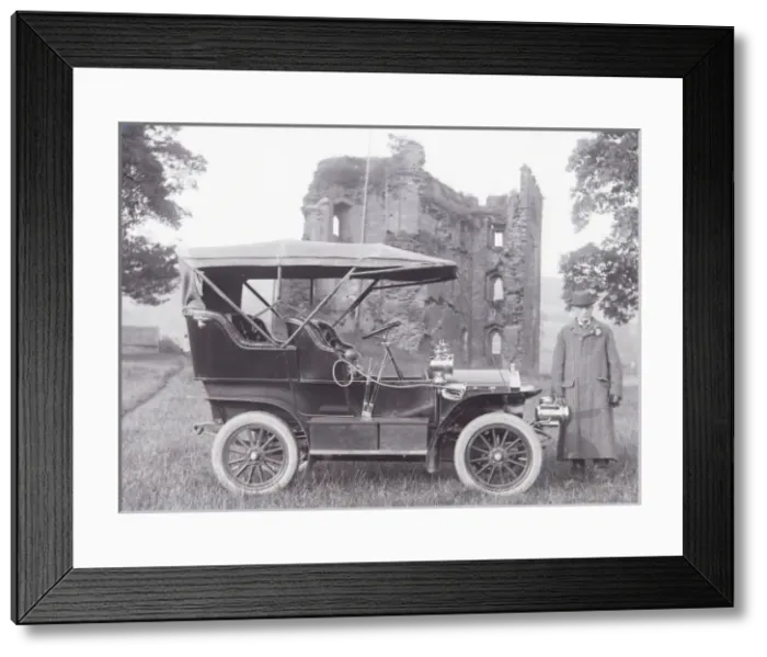 Framed Print : Man with early car, Crickhowell Castle, Powys, Mid Wales Framed Print : Man with early car, Crickhowell Castle, Powys, Mid Wales